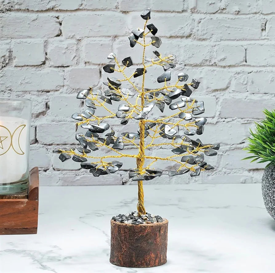 Crocon Black Tourmaline Gemstone Money Tree Feng Shui Bonsai Golden Wire