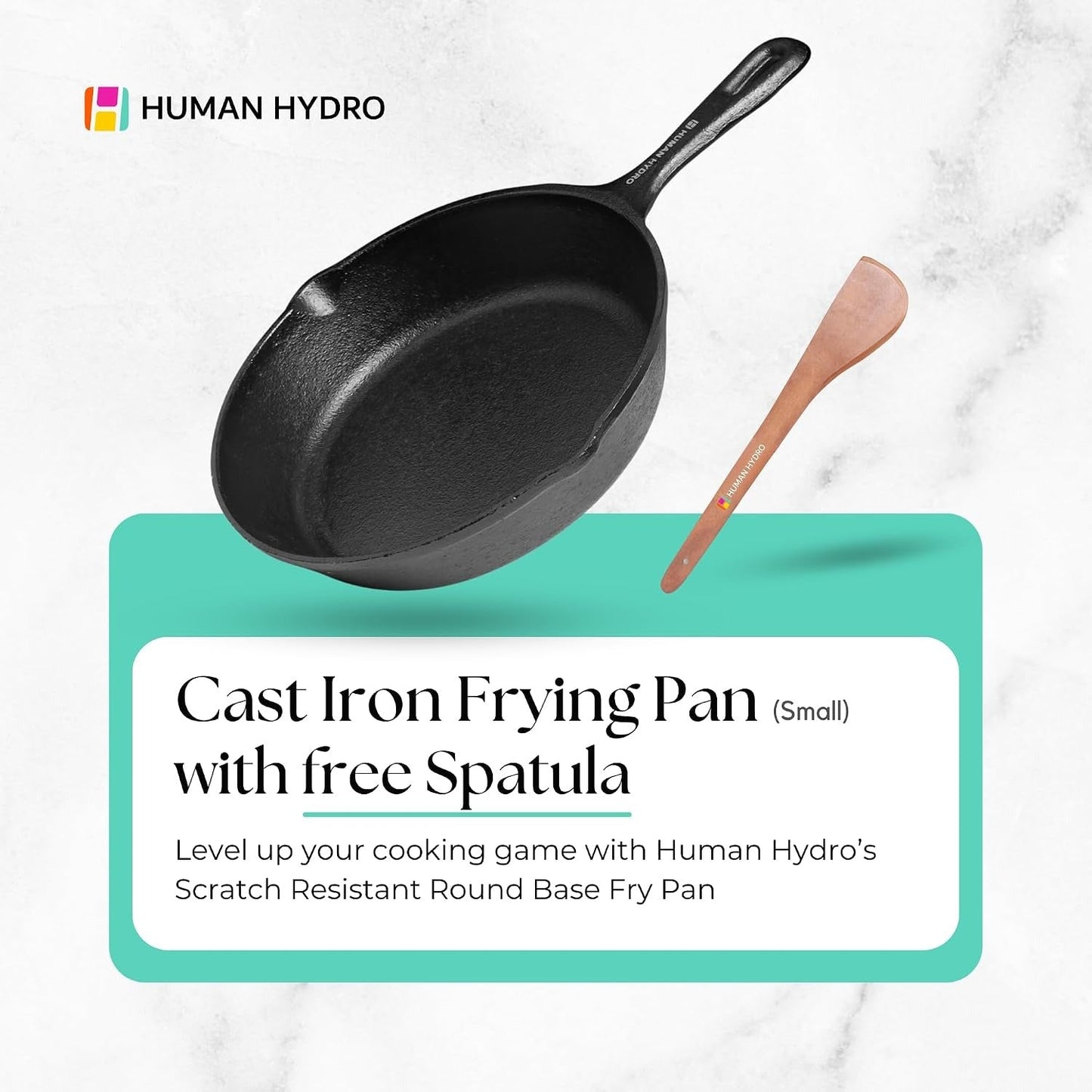 Human Hydro Pre-Seasoned Cast Iron Fry Pan 8 Inch 20cm with Wooden Spatula Non-Toxic Gas Induction