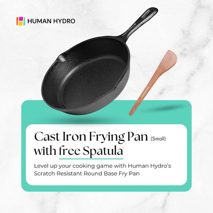 Human Hydro Pre-Seasoned Cast Iron Fry Pan 8 Inch 20cm with Wooden Spatula Non-Toxic Gas Induction