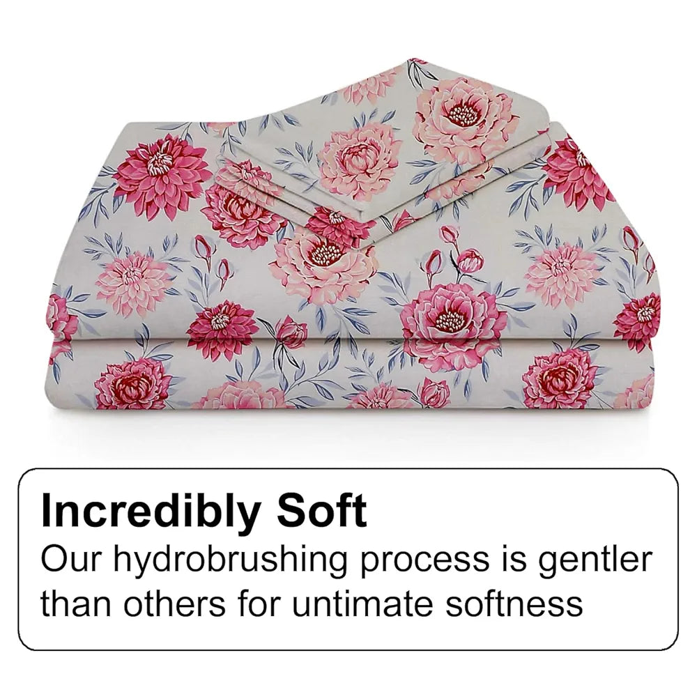 Fresh From Loom Floral Print 240 TC King Size Microfiber Fitted Bedsheet Set Soft & Anti Fade 2 Pillow Covers Included Rose-Offwhite