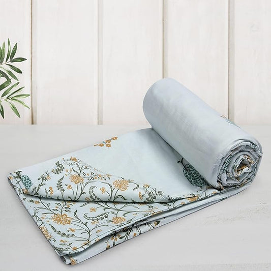 Huesland 100% Cotton Reversible Dohar Single Bed Cotton | Soft Cambric Weave, All Weather Light Ac Blanket | Botanical Fusion - Celest Blue, Green & Mustard