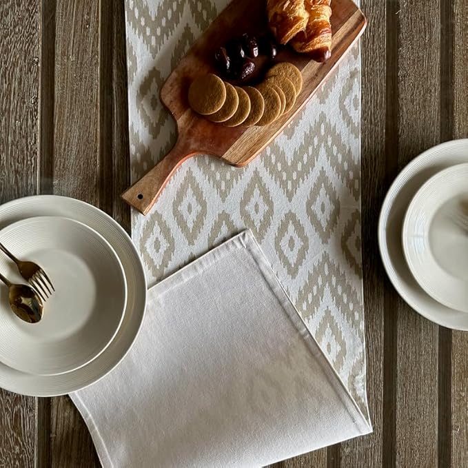 Oak & Lily Table Runner in Ivory & Beige Ikat Print 4 Seater & 6 Seater Dining and Center