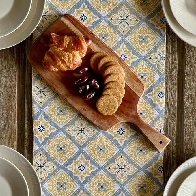 Oak & Lily Table Runner in Yellow & Grey Print Washable 4 Seater & 6 Seater Dining Center
