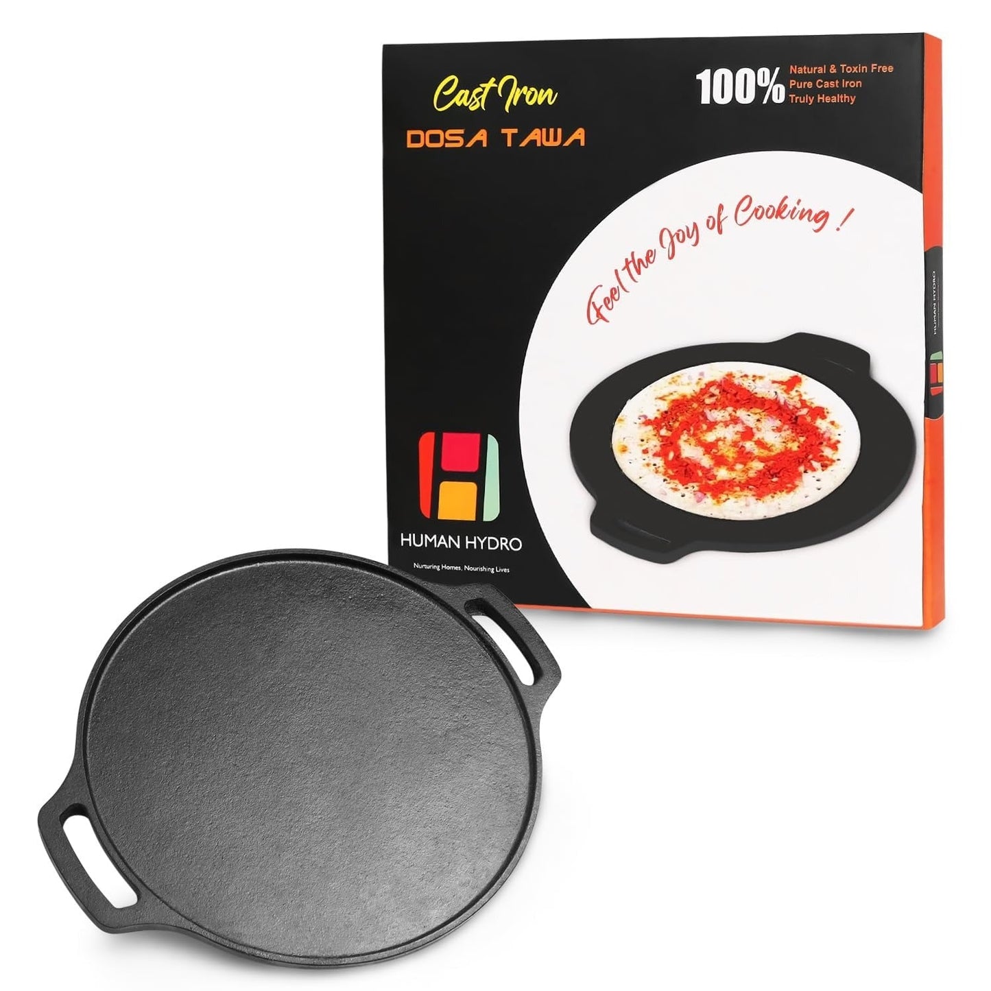 Human Hydro Pre-Seasoned Cast Iron Double Handle Dosa Tawa 30cm with Wooden Spatula Induction Gas