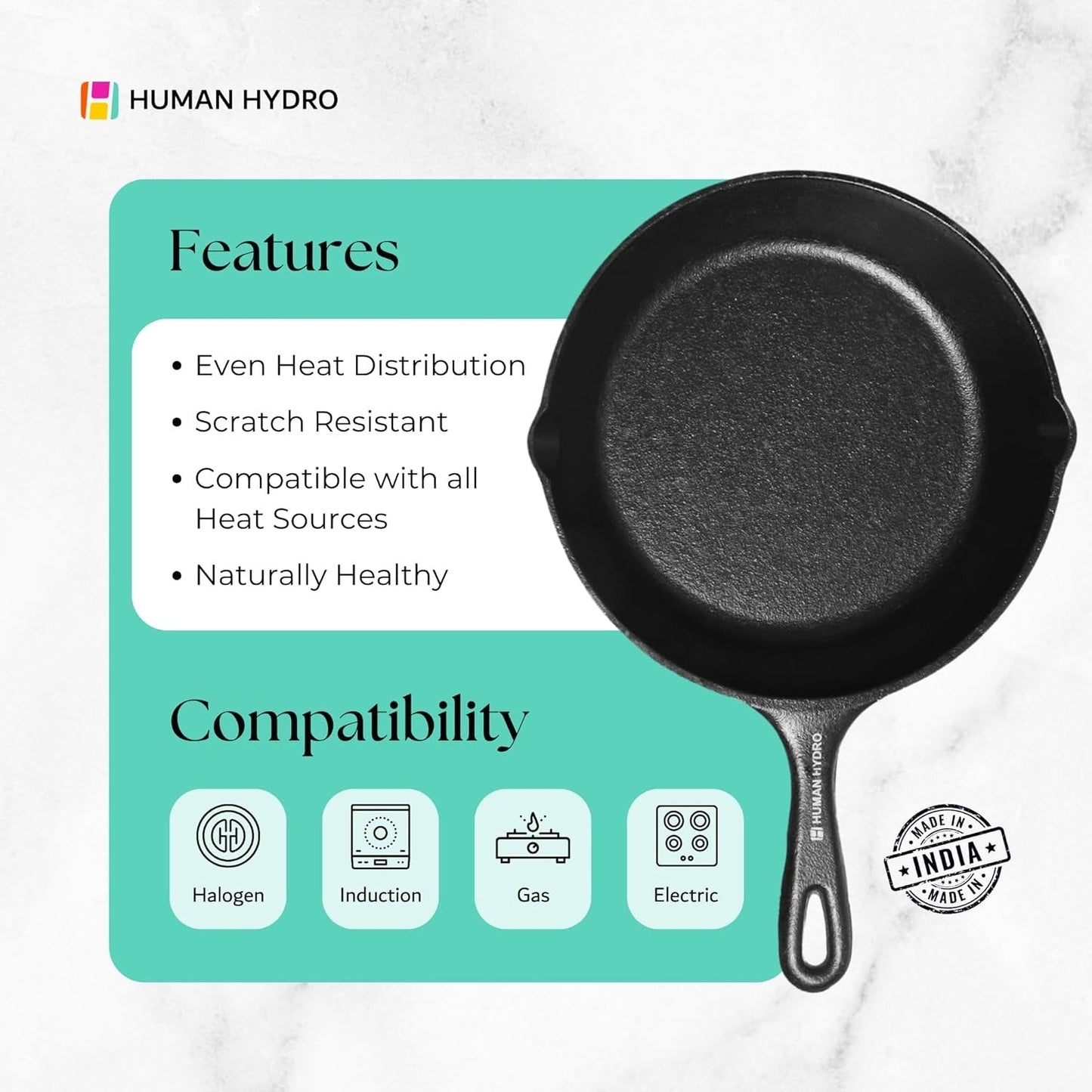 Human Hydro Pre-Seasoned Cast Iron Fry Pan 8 Inch 20cm with Wooden Spatula Non-Toxic Gas Induction