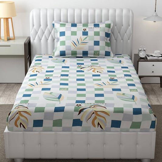 Fresh From Loom Microfiber Single Bedsheet for Single Bed Wrinkle Free Floral Design Bed Spread 1 Pillow Covers 144 TC Light Green White