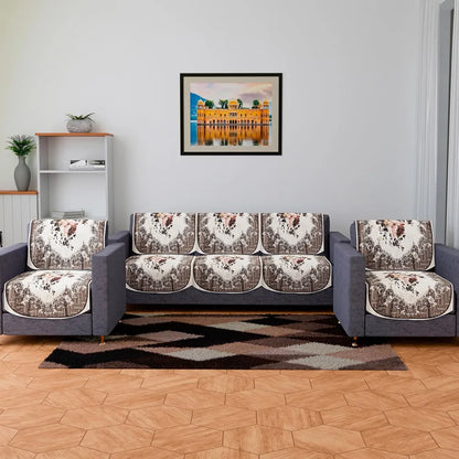 Kuber Industries Velvet Sofa Cover Set Brown Colour 5 Seater Couch Cover with Check Border Pattern