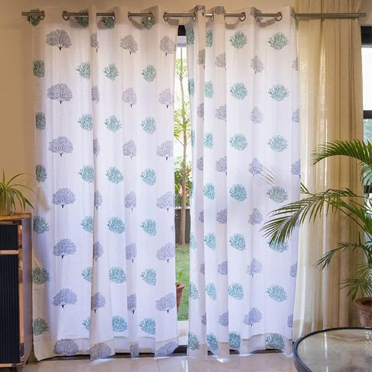 Urban Space Cotton Curtains 7 feet for Door Set of 2 with Stainless Steel Rings and TieBack (Colour Trees Green)
