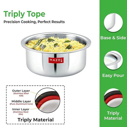 Hazel Triply Stainless Steel Cookware with Lid 3000 ml Stainless Steel Patila Utensils Set for Kitchen