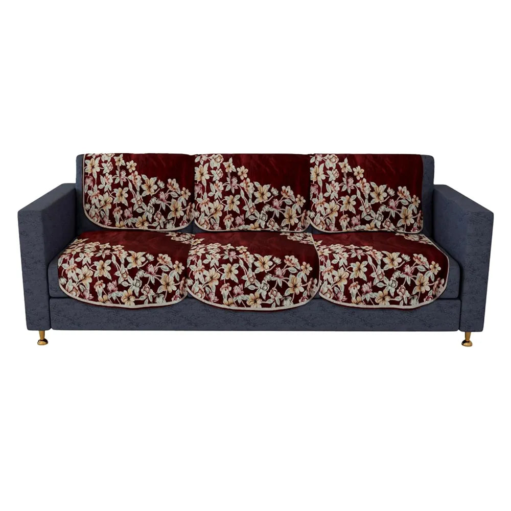 Kuber Industries Sofa Cover Set Flower Sofa Cover Velvet 5 Seater Couch Cover Maroon