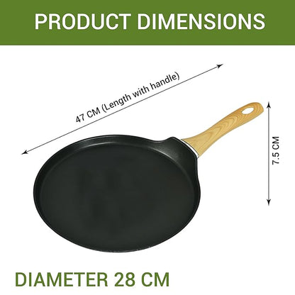 Femora Foged Die Cast Aluminium Non Stick 28 Cm Roti Tawa With Wood Finish Handle | Granite Finish | Induction & Gas Ready
