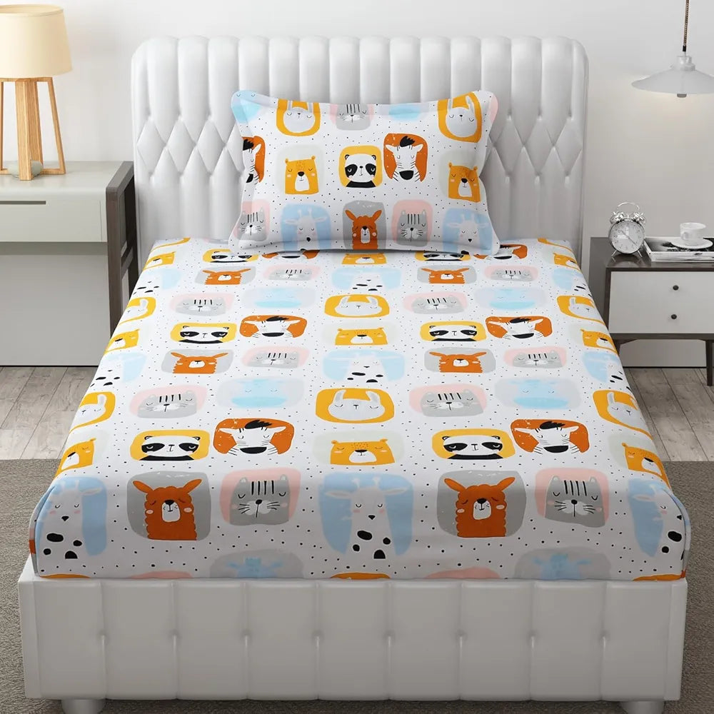 Fresh From Loom Glace Cotton 300 tc Elastic Fitted Cartoon Printed Cream Panda Smallsingle