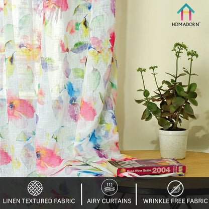 Homadorn Linen Sheer Printed Semi Transparent Curtains for Window Set of 2 Multi Watercolor