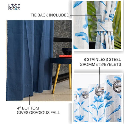 Urban Space Floral Cotton Curtains For Door Combo Set Of 3 Room Darkening Curtains For Home Decor Water Lily Blue & Aura Indigo