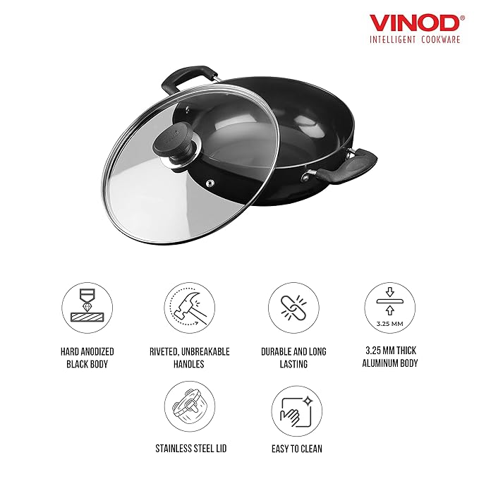 Vinod Black Pearl Hard Anodised Deep Kadai With Glass Lid 2.1 Litres Capacity | 20 Cm Diameter | With Riveted Sturdy Handles | 3.25 Mm Thickness | Black
