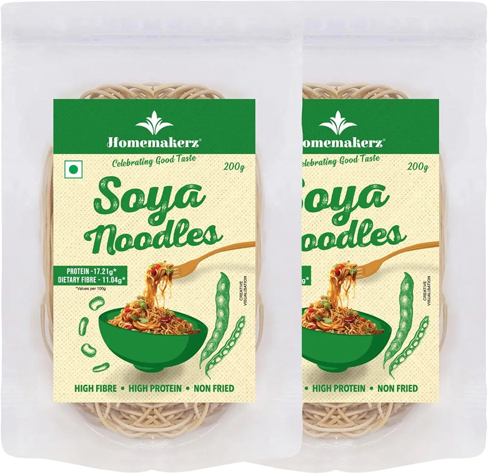 Homemakerz Soya Noodles, Natural, Preservative Free, Not Fried & No Oil, Zero Maida, Healthy & Tasty Hakka Noodles With High Fibre & Protein, Pack of 2, 400g