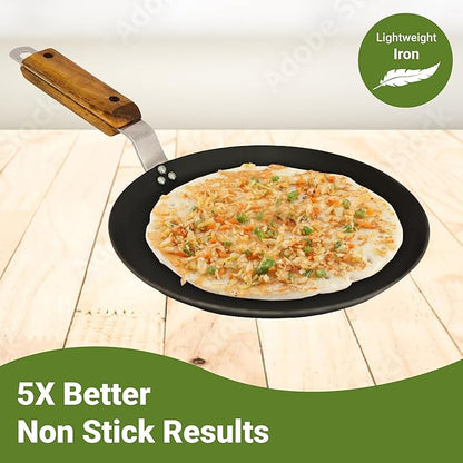 Femora 10 Inchs Iron Concave Tawa With Wooden Handle | Tawa for Roti | Gas Stovetop Compatible