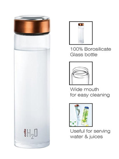 Cello H2o Borosilicate Glass Water Bottle | 600 ml