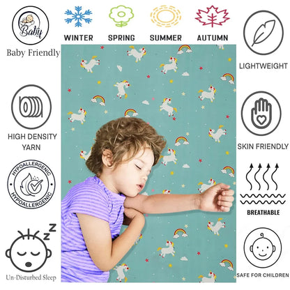 Fresh From Loom Elastic Printed Fitted Single Bed Bedsheet For Kids With One Pillow Cover Unicorn Small Single Blue 300 TC Teal