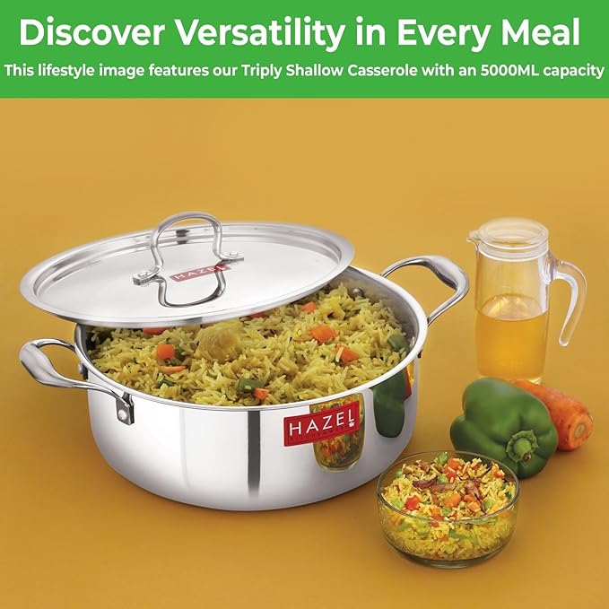 Hazel Triply Stainless Steel Induction Bottom Shallow Casserole Tope with Handle and with Steel Lid 4 Litre 26.3 cm