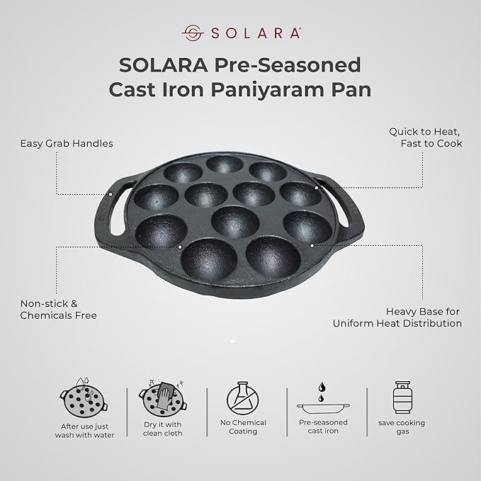 Solara Pre Seasoned Cast Iron Paniyaram Pan 12 Cavities 8 Inch 20 cm Appam Patra
