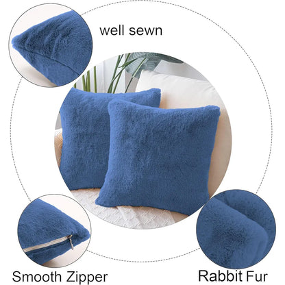 Luxe Home Cushion Cover Duble Side Rabbit Fur Plain Design Covers Set of 2 for Sofa Colour Blue
