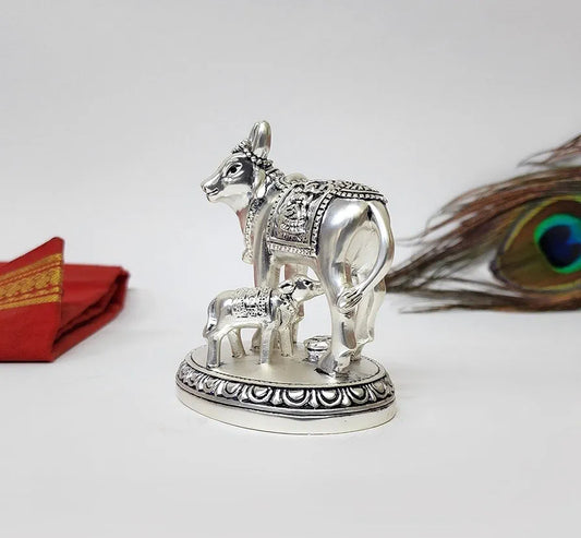 Gold Art India Kamdhenu Cow and Calf Idol Silver Matte Finish Decorative Murti 7.62 cm x 7.62 cm