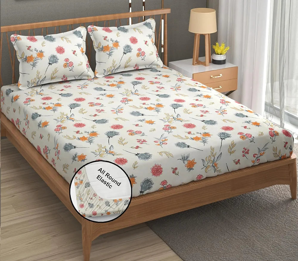 Fresh From Loom Floral Print 240 TC Microfiber King Size Fitted Bedsheet Set with 2 Pillow Covers Pastel Cream