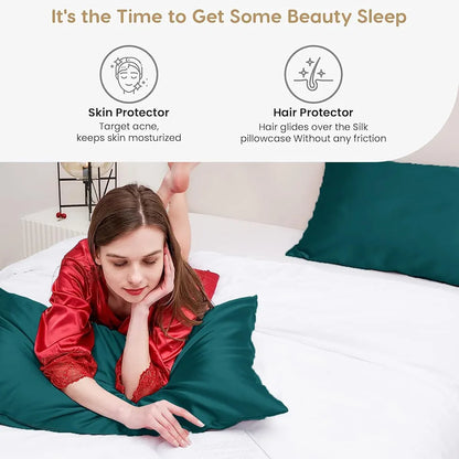 Cloth Fusion Satin Pillow Cover Set of 2 Pillow case with 3 Satin Soft Scrunchies Peacock Green