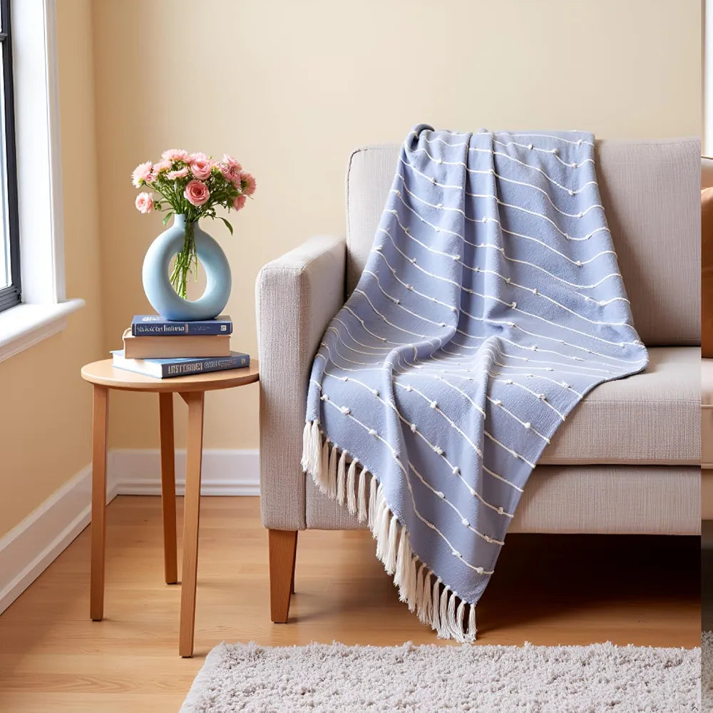 Sajavat Home Hand-Knitted Pure Cotton 3 Seater Sofa Throw Colour Blue
