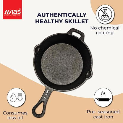 Avias Cast Iron Skillet with Handle Loha Deep Fry Pan 25cm 10 inches