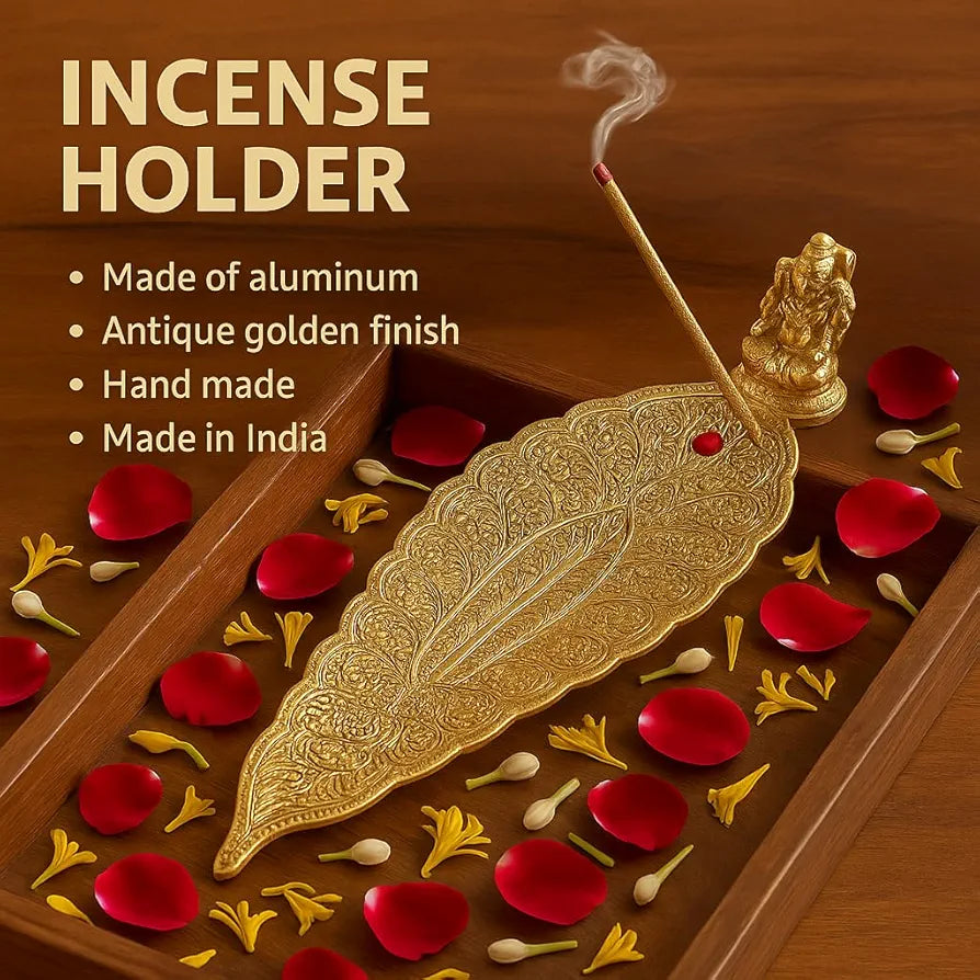 Pure Source India Aluminum Incense Holder & Ash Catcher Agarbatti Stand Featuring Ganesh Figurine Gold