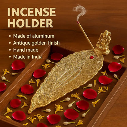Pure Source India Aluminum Incense Holder & Ash Catcher Agarbatti Stand Featuring Ganesh Figurine Gold