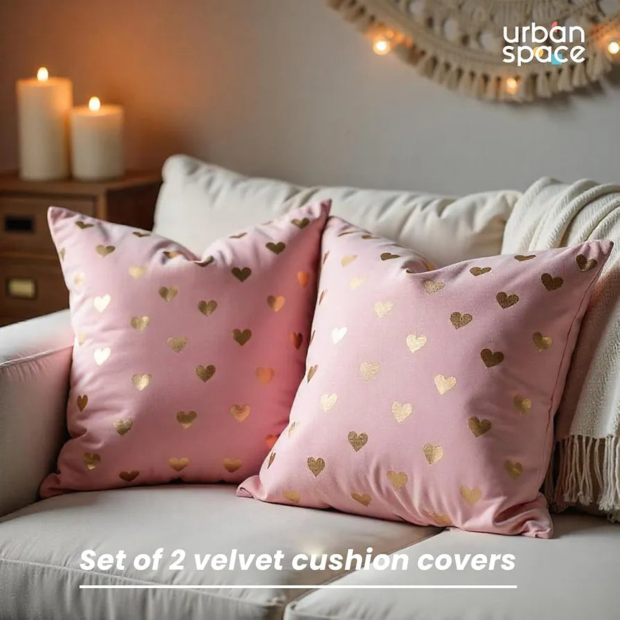 Urban Space Decorative Velvet Gold Foil Heart Cushion Cover Set of 2 Cushion Covers for Sofa, Bedroom, Living Room Heart of Gold Pink