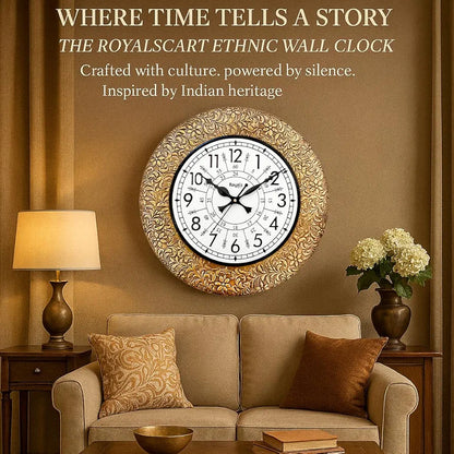 RoyalsCart Ethnic Handcrafted Decorative Wall Clock with Emboss Metal Golden Antique Wooden Wall Clock [KTWC255N] Golden Emboss Metal