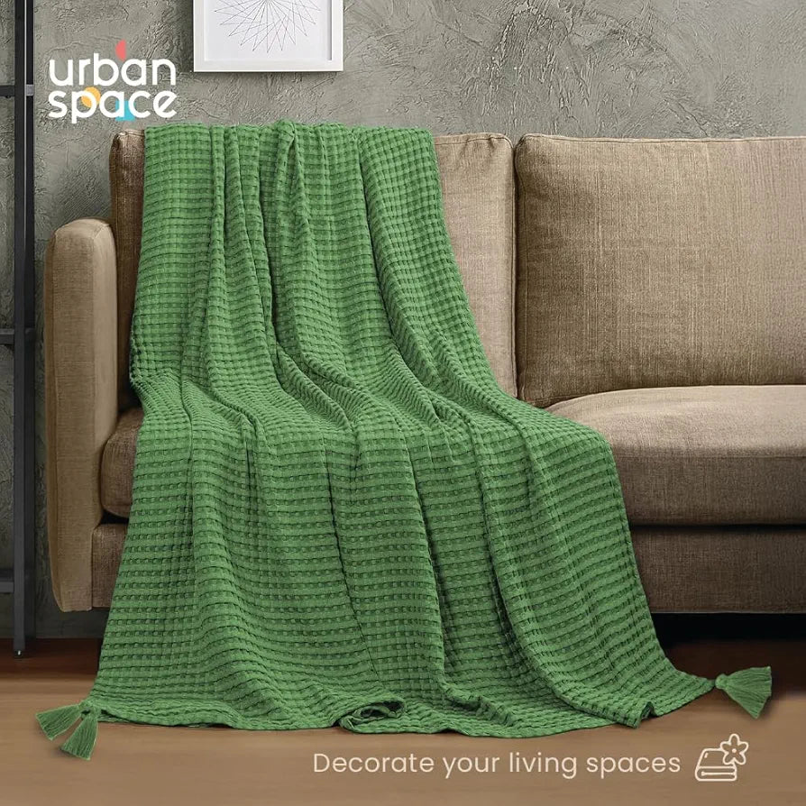 Urban Space Cotton Waffle Throw Blanket, Soft Decorative Throw for Living Room, Sofa, Chair and Couch, Handmade,Reversible and Breathable Throw Waffle Sage Green