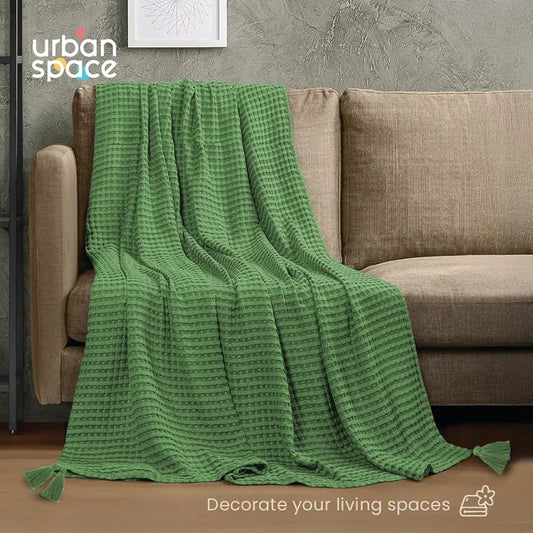 Urban Space Cotton Waffle Throw Blanket, Soft Decorative Throw for Living Room, Sofa, Chair and Couch, Handmade,Reversible and Breathable Throw Waffle Sage Green