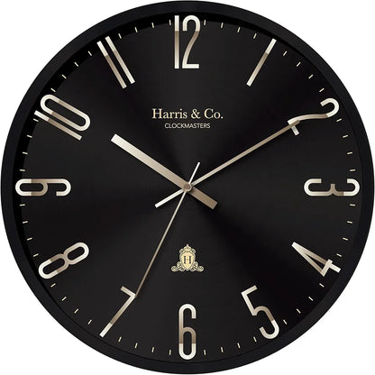 Harris & Co. Clockmasters Silent Sweep Noiseless Technology Analog Wall Clock With Metal Golden 3d Numbers Black