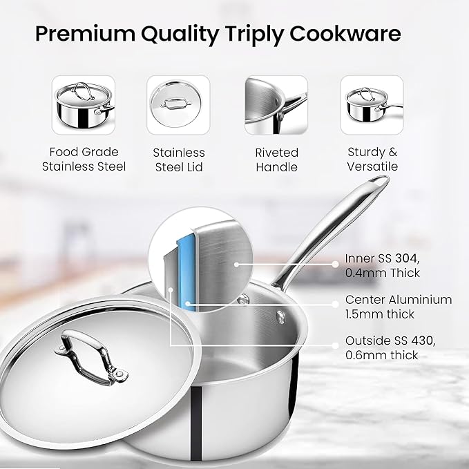 Savya Home Triply Stainless Steel Sauce pan with Lid 18 cm 2.2 L Stove & Induction Cookware