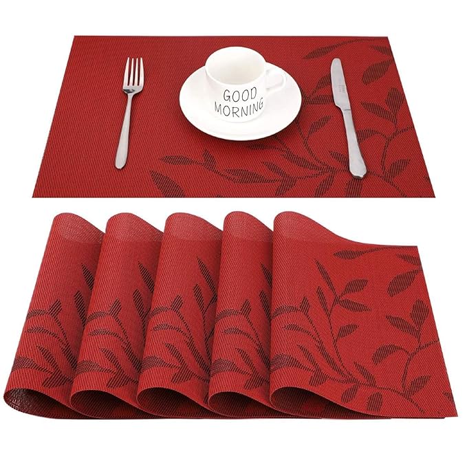 Leeonz Vinyl PVC Easy to Clean Non-Slip Heat Resistant Dining Table Mats Red Set of 4pcs