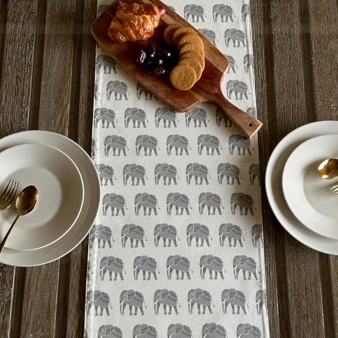 Oak & Lily Premium European Quality Cotton Table Runner Ideal for 4 Seater & 6 Seater Grey Elephant Print
