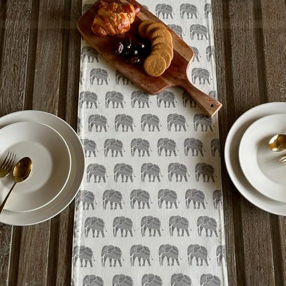 Oak & Lily Premium European Quality Cotton Table Runner Ideal for 4 Seater & 6 Seater Grey Elephant Print
