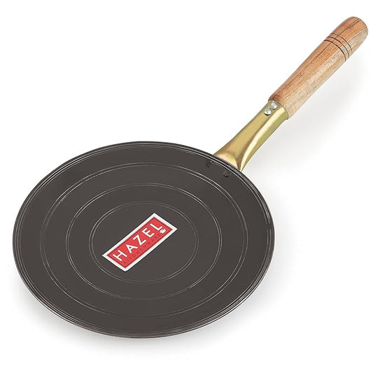 Hazel Iron Tawa with Wooden Handle Grip 24.5 Daimeter Lokhand Loha Pan