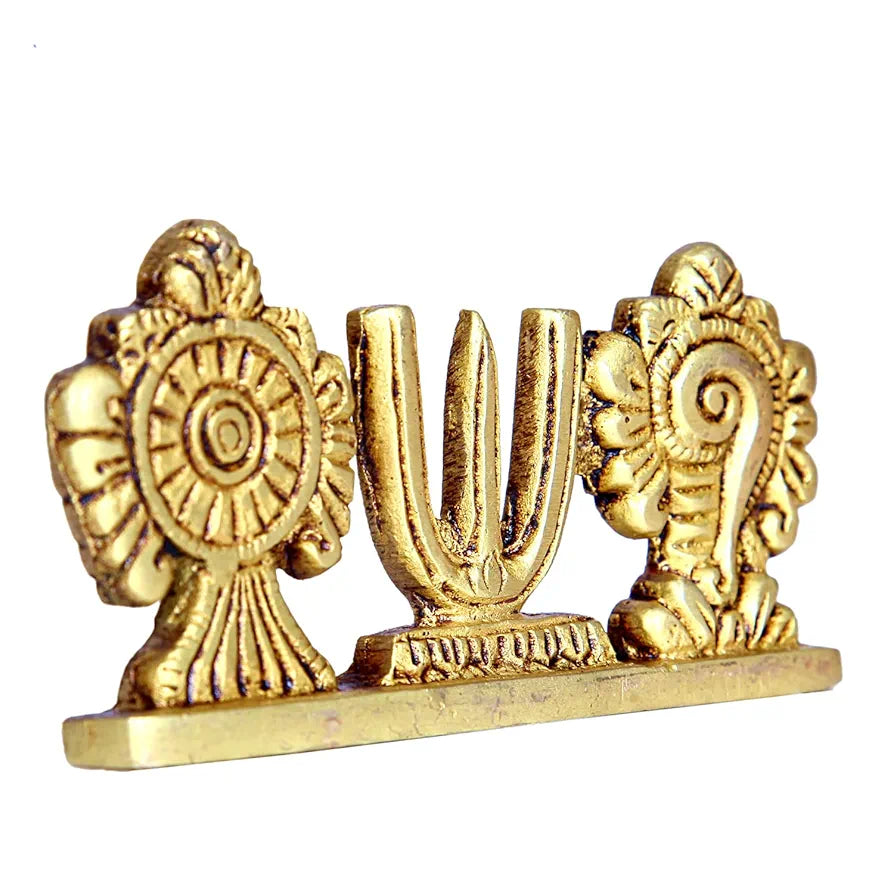 Anciently Vadakalai Shankh Chakra Namah Stand/Vadakalai Thiruman Sangu Chakram Stand, Brass, 5cm Height, Gold Colour, 1 Piece