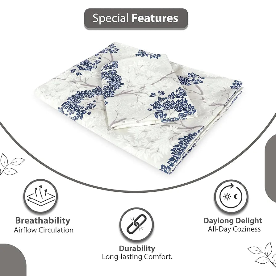 Divine Casa 144 TC Pure Cotton Single Bedsheet with 1 Pillow Cover Floral Pattern Colour Grey Blue