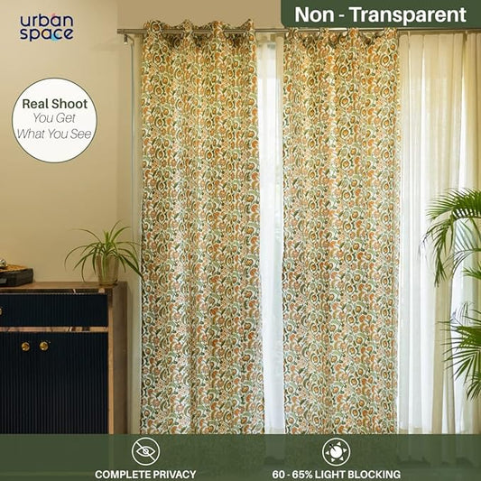 Urban Space Cotton Curtains for Door Set of 2 Curtains with Tieback (Colour Creeper Mustard)