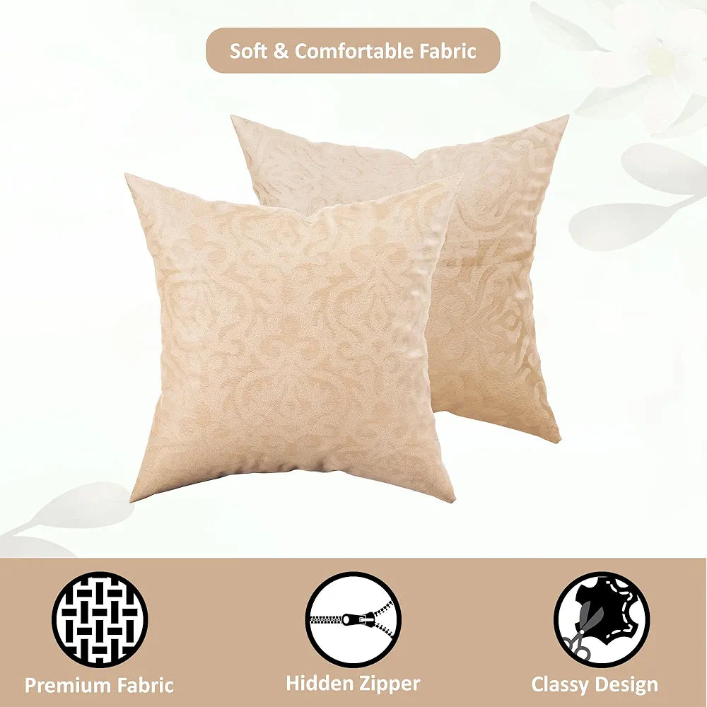 Kuber Industries Set of 5 Washable & Removable Velvet Sofa Pillow Covers with Zip Floral Design Beige