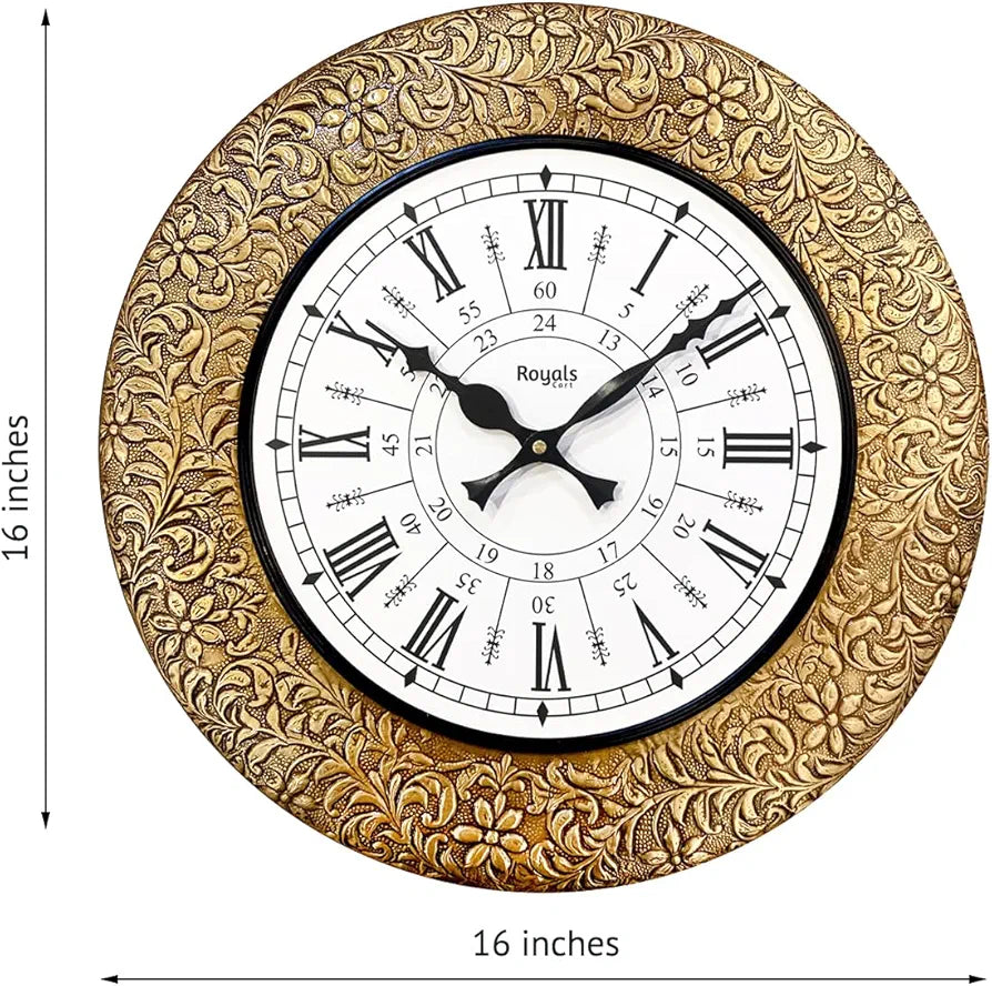 RoyalsCart Emboss Metal Analog Wall Clock For Elegant Clock Size - 16 X 16 Inches [Ktwc255D] Gold Designer Emboss Metal