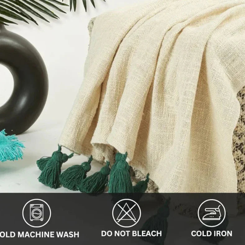 Homadorn TC 250 100% Cotton Off White Throw Blanket with Handmade Colorful Tassel Colour Bottle Green