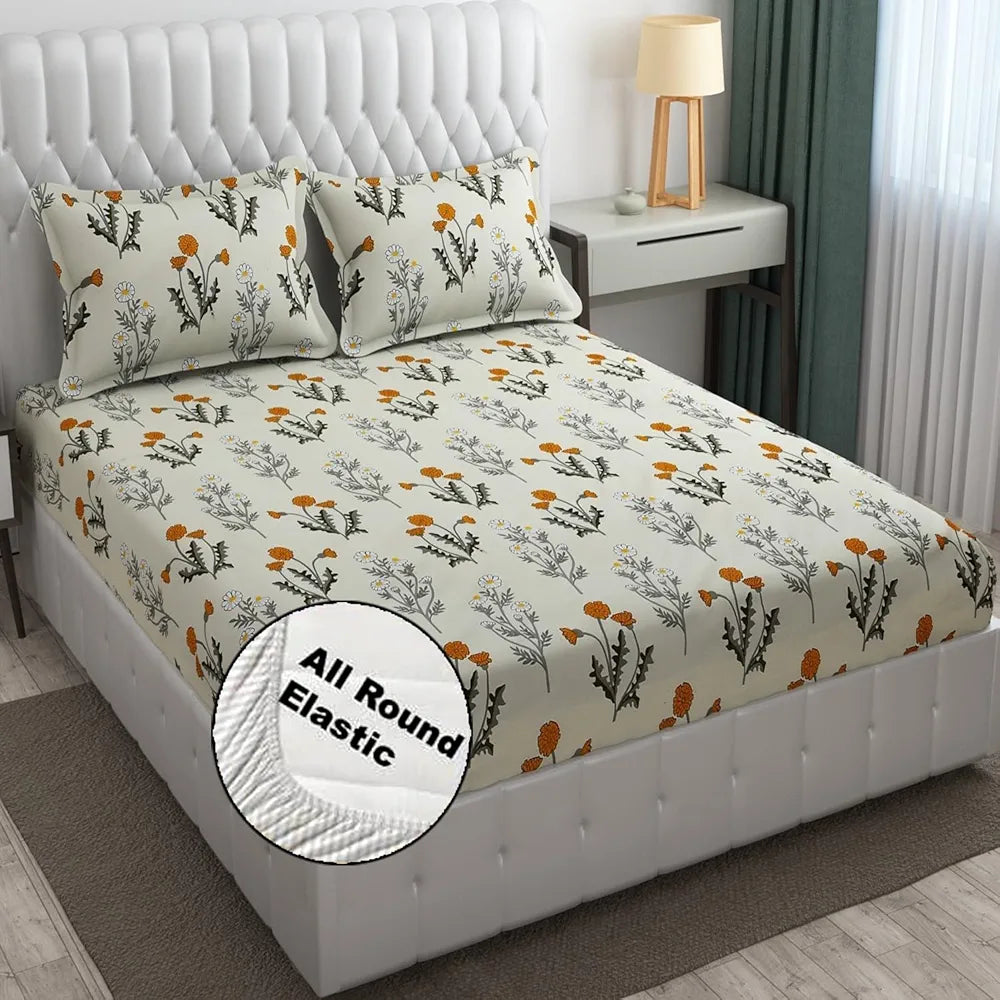 Fresh From Loom Fitted King Size Bedsheet Set Anti Fade 240 TC 2 Pillow Covers Pink Floral Design